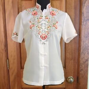 Vintage Floral Embroidered White Blouse